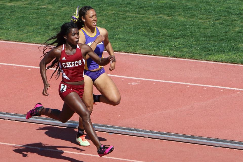 Ashley hits top end speed in her pursuit towards the finish in the 200m.